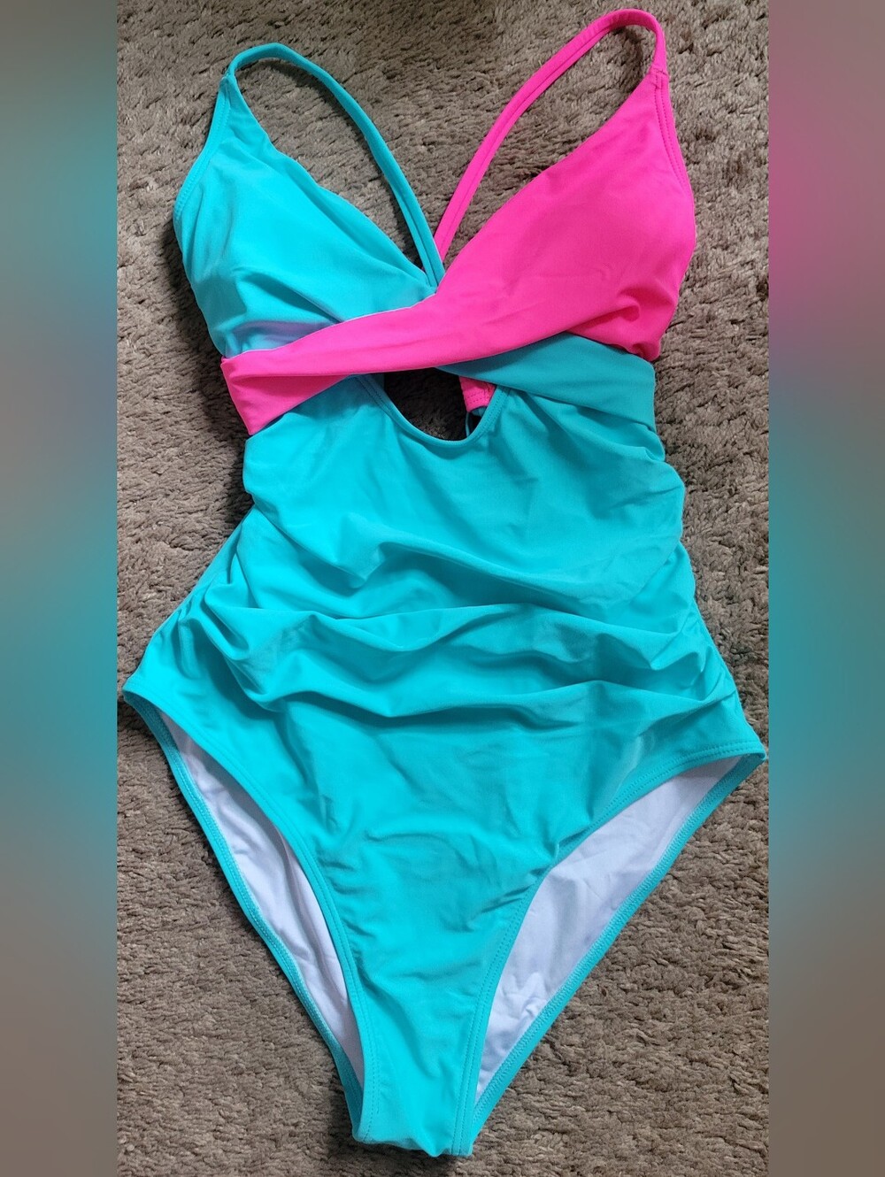 Women's Tummy Control Teal and Hot Pink One-Piece Swimsuit